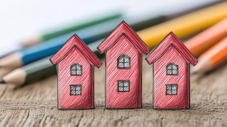 Three red drawn houses sit on a wooden surface with colorful pencils nearby.の素材