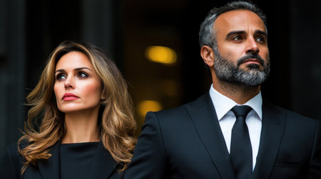 A couple in formal wear stands confidently outside a sleek building.の素材