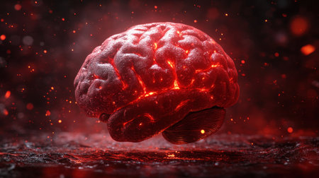 A brain is suspended in a dark space, glowing with fiery red light amidst a smoky background.の素材