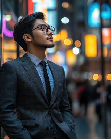 A well dressed man stands confidently, admiring the colorful lights of a bustling urban environment.の素材