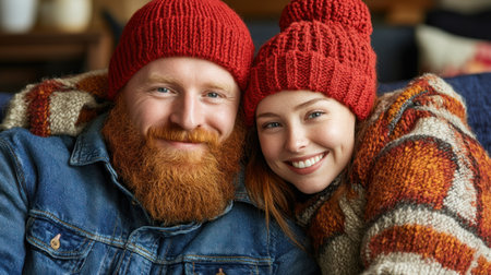 Happy couple embraces while wearing warm knit hats, relaxed in a comfortable indoor space.の素材