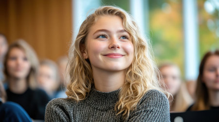 A student with loose curls shows curiosity and engagement during a presentation.の素材