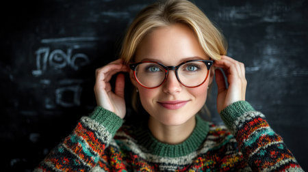 Woman with glasses smiles brightly while wearing a colorful sweater and adjusting her eyewear.の素材
