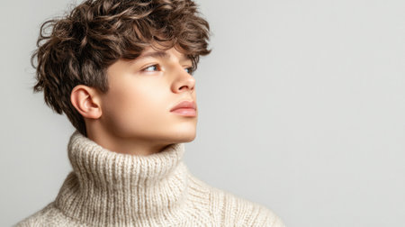 A young man showcases his fashion sense with a turtleneck sweater and curls, looking thoughtfully to the side.の素材