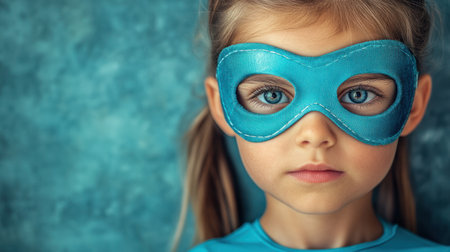 Girl with striking blue eyes dressed as a superhero stands confidently against a blue backdrop.の素材