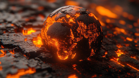A glowing Earth surrounded by lava on a blackened surface captures a dramatic transformation of the planet.の素材