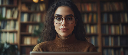 Young woman with glasses focused on her laptop between books in a warm library setting.の素材
