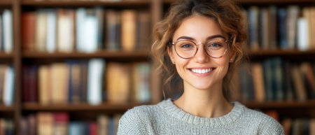 A woman with curly hair and glasses is smiling warmly in a library filled with books.の素材