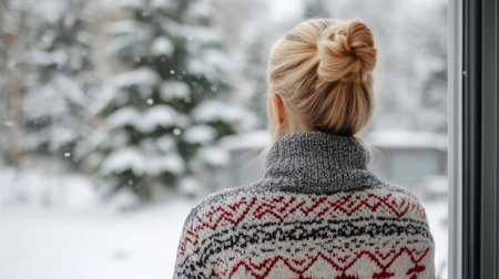 A woman gazes out a window, observing falling snowflakes and a serene winter landscape.の素材