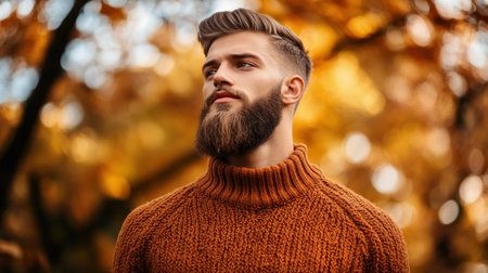 A man stands outdoors surrounded by colorful autumn leaves, wearing a cozy brown sweater in soft light.の素材