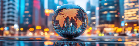 A glowing globe displays a world map against a busy city backdrop during evening hours.の素材
