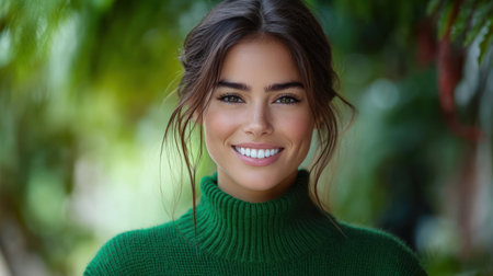 A woman with a bright smile poses in a cozy green sweater surrounded by vibrant foliage.の素材