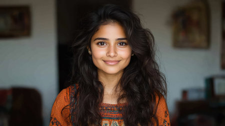 A young woman is smiling in a cozy indoor space, showing her curly hair and vibrant ethnic attire.の素材