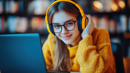 Young woman enjoying music while studying at her laptop in a warm library setting with bookshelves.の素材