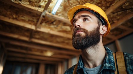 A construction worker inspects the ceiling structure while wearing a hard hat and plaid shirt.の素材