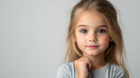 A thoughtful child stands confidently, lightly touching her chin while gazing directly ahead.の素材
