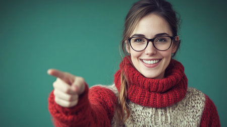 Cozy sweater and glasses highlight a cheerful woman pointing playfully, showing her vibrant personality.の素材