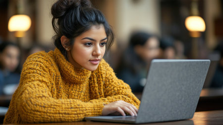 Woman in yellow sweater studies intently on her laptop in a warm library filled with students.の素材