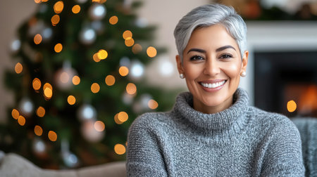 A woman with short gray hair smiles warmly while sitting in a festive living room with holiday decorations.の素材
