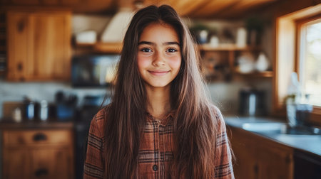 Young girl with long hair smiles warmly, surrounded by a rustic kitchen interior filled with wood elements.の素材