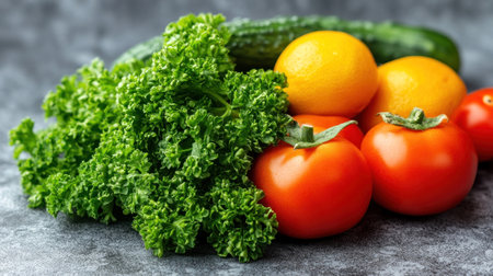 Brightly colored fruits and vegetables are arranged on a dark surface, highlighting their textures.の素材