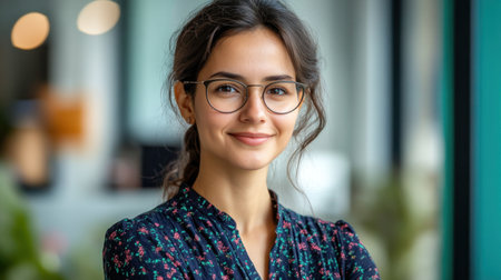 A confident young woman with glasses poses in a stylish and vibrant office environment.の素材