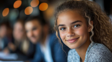 A girl with curly hair smiles warmly while socializing with friends at a trendy venue.の素材