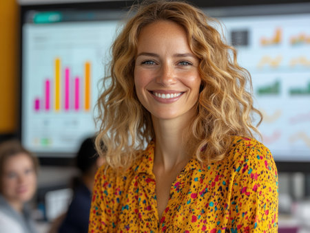 Confident woman with curly hair smiles while surrounded by colleagues in a vibrant office setting.の素材
