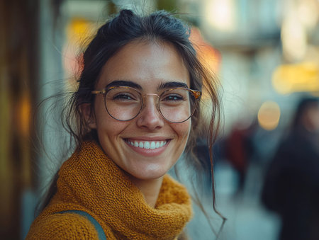 A young woman with glasses beams joyfully while walking in a vibrant city street filled with people.の素材