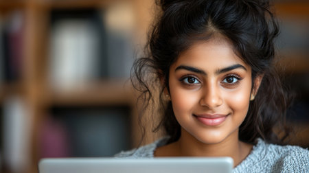 A young woman enjoys her time smiling at a laptop in a warm, inviting space surrounded by books.の素材