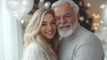 A grandfather and granddaughter embrace warmly, smiling joyfully in a festive winter setting.の素材