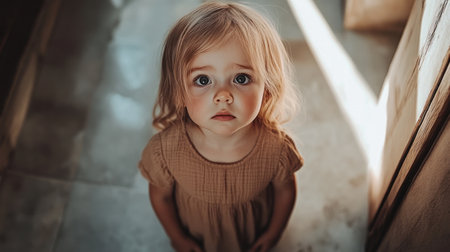 A young child gazes upwards with curiosity, illuminated by soft light in a cozy interior space.の素材