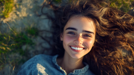 Young woman relaxes in nature with a big smile on her face, showcasing her carefree spirit and happiness.の素材