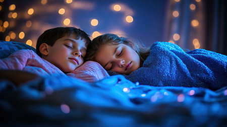Two children sleep peacefully together, wrapped in soft blankets and twinkling lights.の素材