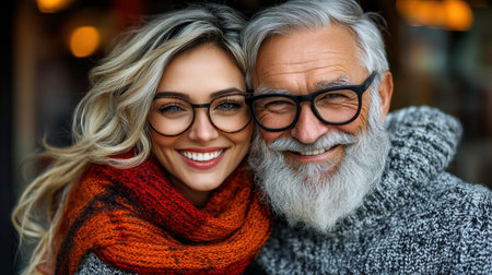 An elderly man with a beard and glasses poses with a young woman wearing an orange scarf, both smiling warmly.の素材