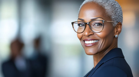 Businesswoman with glasses smiles confidently while engaged in a meeting with colleagues nearby.の素材