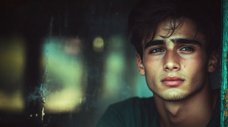 A young man looks pensively through a window, lost in thought during a serene afternoon moment.の素材