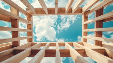 Bright blue sky with clouds visible through wooden beams during a construction project on a sunny day.の素材