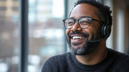 Glasses wearing man chats happily, reflecting a relaxed, positive work vibe with a bright backdrop.の素材