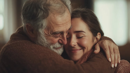 A father embraces his daughter warmly, both smiling joyfully in a cozy setting by a window.の素材