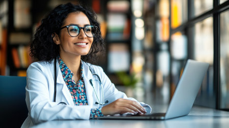 A cheerful doctor is working on a laptop, dressed in a white coat, in a bright office filled with books.の素材