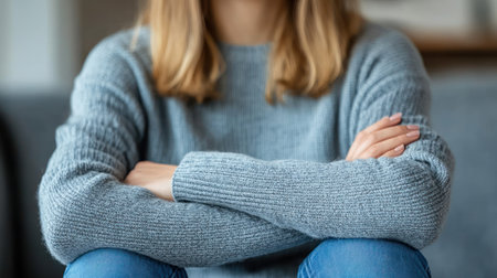 A woman sits cross legged in a relaxed posture, wearing a warm gray sweater, in a calm indoor environment.の素材