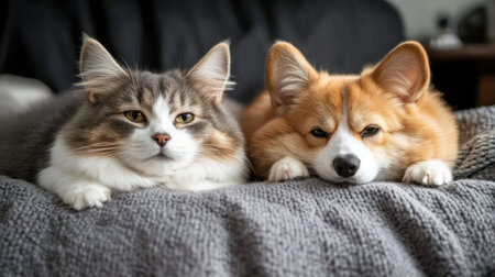 A fluffy cat and a corgi enjoy a peaceful moment side by side on a soft blanket indoors.の素材