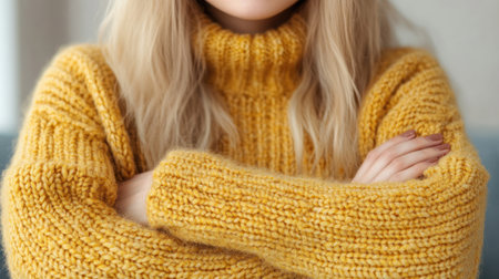 Woman with blonde hair in a yellow sweater sits with her arms crossed in a bright room.の素材