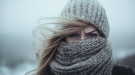 A woman wraps herself in a thick scarf while strong winds blow her hair during a chilly, overcast day.の素材