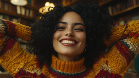 A woman with curly hair is smiling warmly while seated in a vibrant library filled with books.の素材