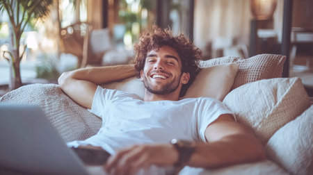 A young man with curly hair smiles while lounging on a soft couch with his laptop in a bright roomの素材