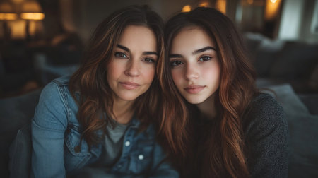 A close bond is evident as a mother and daughter share smiles in a warmly lit room.の素材