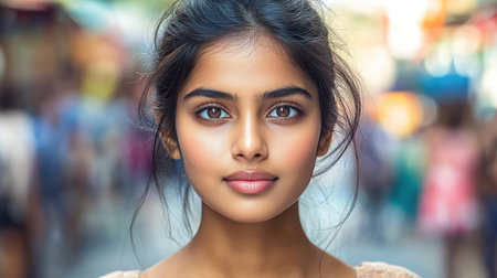 A young woman stands confidently in a bustling market filled with colorful stalls and people.の素材