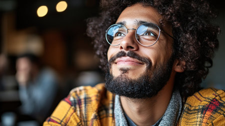 Man with curly hair smiles while contemplating in a warm and inviting cafe atmosphere.の素材